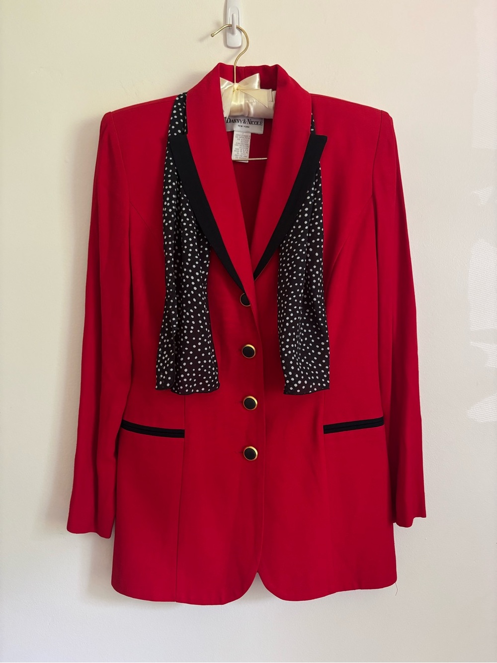 Danny & Nicole Red Blazer with Black Trim and Polka Dot Scarf